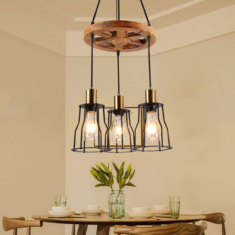 Gold Metal Cage Chandelier With Wood Shelf - 3/6-Light Pendant For Dining Room 3 /