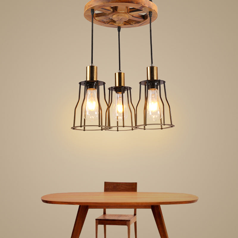 Gold Metal Cage Chandelier With Wood Shelf - 3/6-Light Pendant For Dining Room