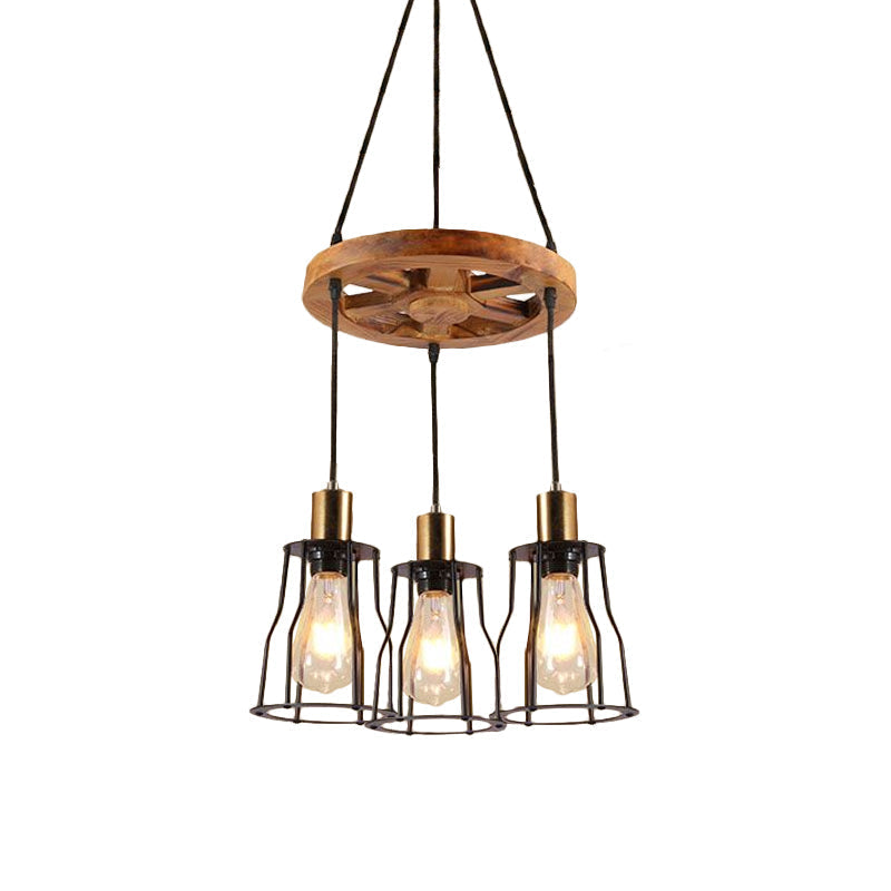 Gold Open Cage Chandelier with Wood Shelf - 3/6-Light Metal Pendant for Dining Room