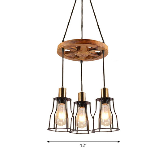 Gold Open Cage Chandelier with Wood Shelf - 3/6-Light Metal Pendant for Dining Room