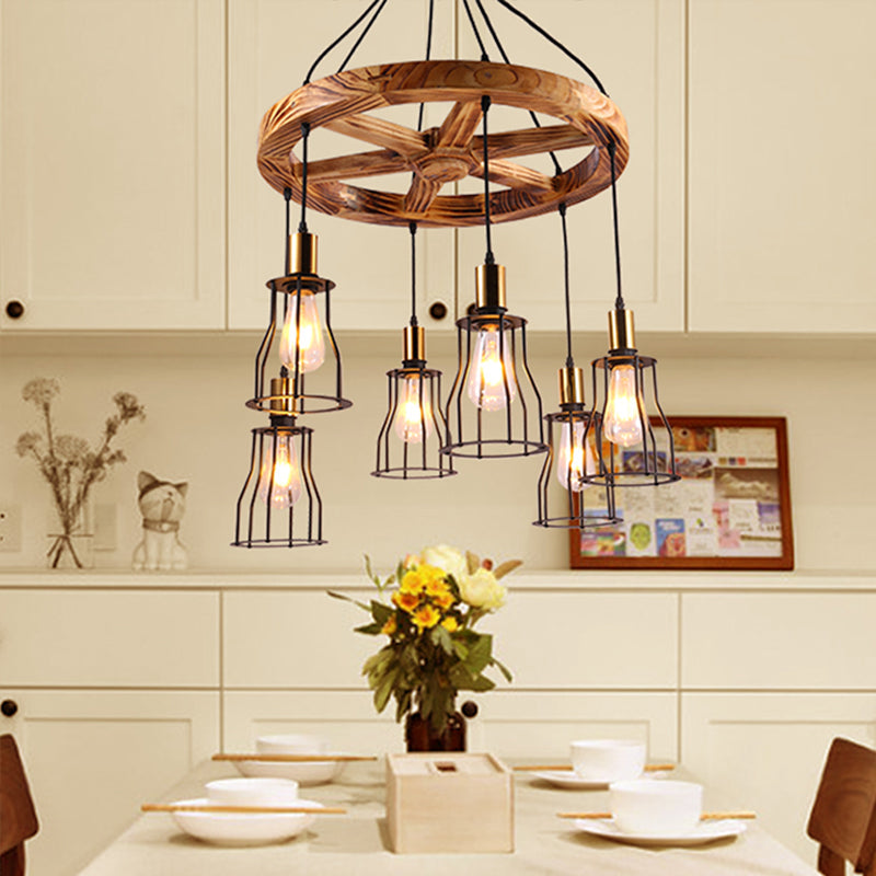 Gold Metal Cage Chandelier With Wood Shelf - 3/6-Light Pendant For Dining Room 6 /