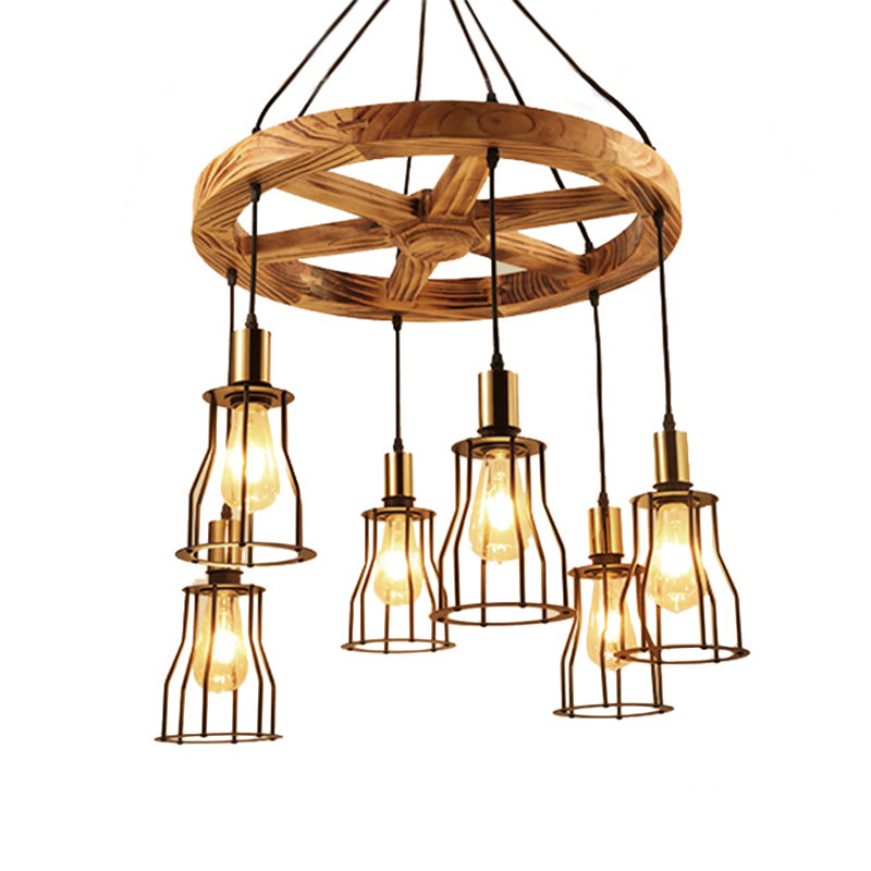 Gold Open Cage Chandelier with Wood Shelf - 3/6-Light Metal Pendant for Dining Room