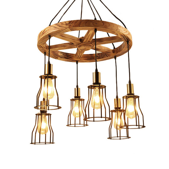 Gold Metal Cage Chandelier With Wood Shelf - 3/6-Light Pendant For Dining Room