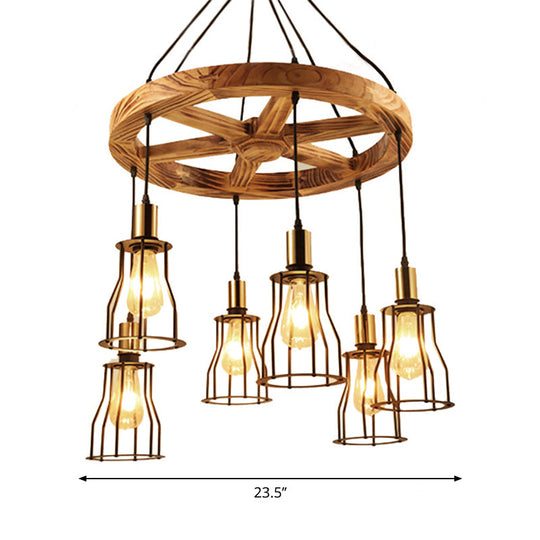 Gold Open Cage Chandelier with Wood Shelf - 3/6-Light Metal Pendant for Dining Room