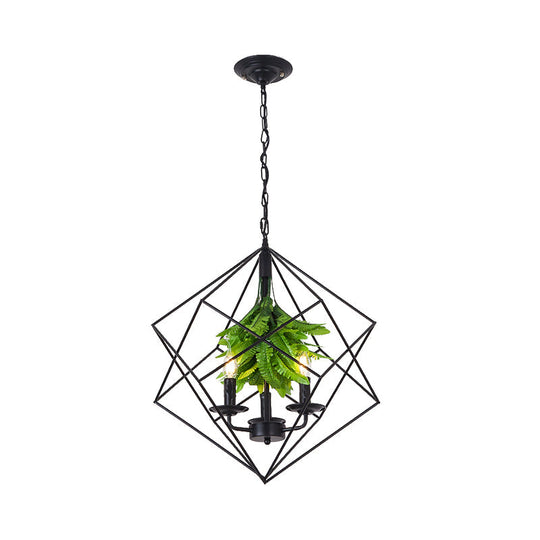 Rustic Metal Chandelier with Rhombus Cage, 3 Lights, Black Finish, Green Leaf Deco – Perfect for Restaurants