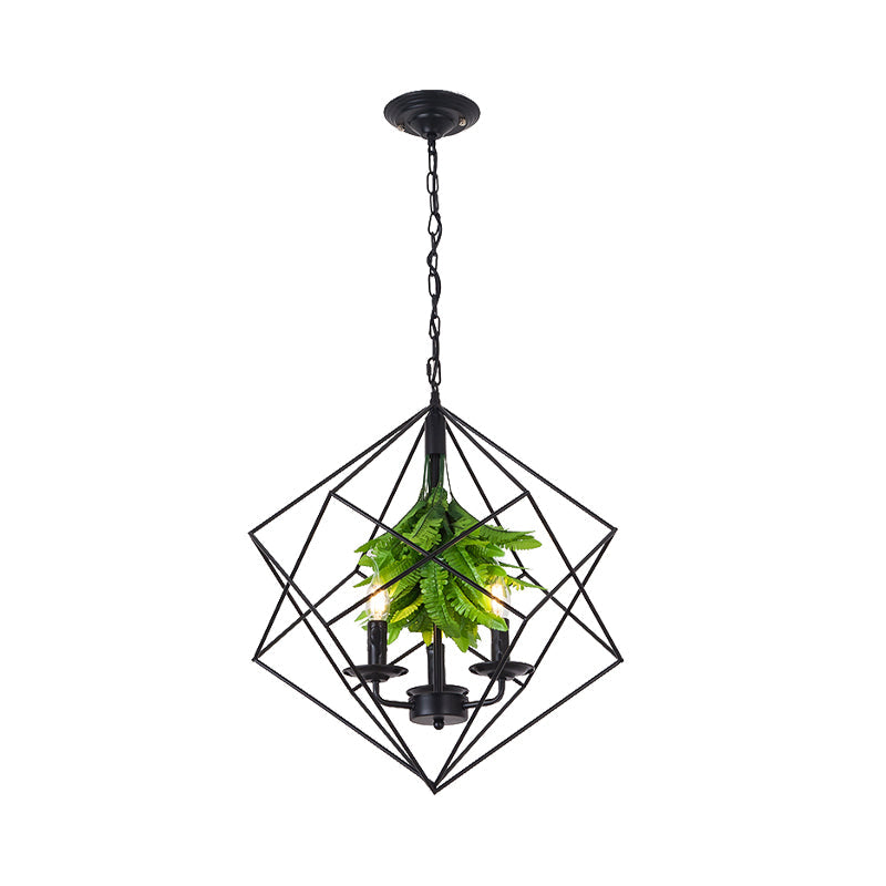 Rustic Metal Chandelier With Rhombus Cage 3 Lights Green Leaf Deco - Perfect For Restaurants