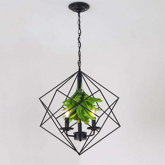 Rustic Metal Chandelier With Rhombus Cage 3 Lights Green Leaf Deco - Perfect For Restaurants