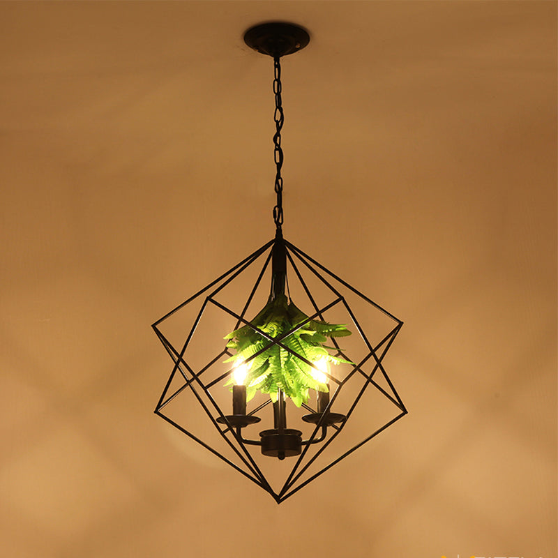 Rustic Metal Chandelier with Rhombus Cage, 3 Lights, Black Finish, Green Leaf Deco – Perfect for Restaurants