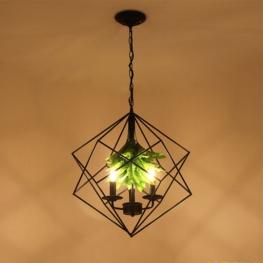 Rustic Metal Chandelier With Rhombus Cage 3 Lights Green Leaf Deco - Perfect For Restaurants