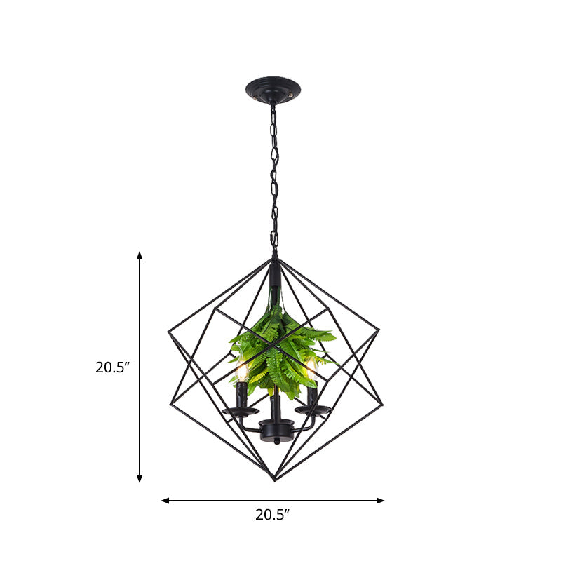 Rustic Metal Chandelier with Rhombus Cage, 3 Lights, Black Finish, Green Leaf Deco – Perfect for Restaurants