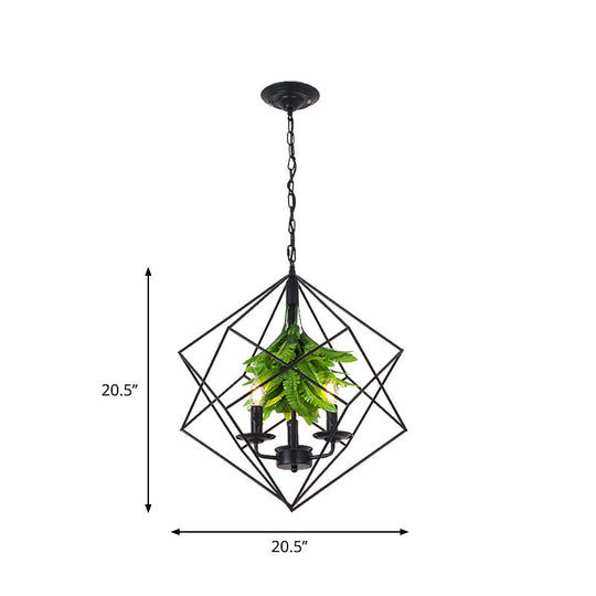 Rustic Metal Chandelier with Rhombus Cage, 3 Lights, Black Finish, Green Leaf Deco – Perfect for Restaurants