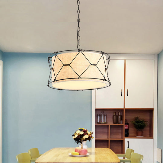 Metal Drum Cage Pendant Light with Fabric Shade for Farmhouse Dining Room - 10"/16.5" W, Beige