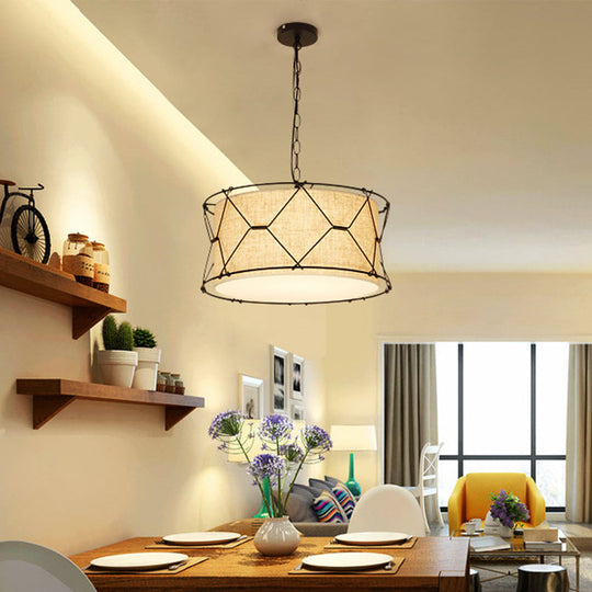 Farmhouse Drum Cage Pendant Light Fixture - Metal Crossed Design 10/16.5 Width Beige With Fabric