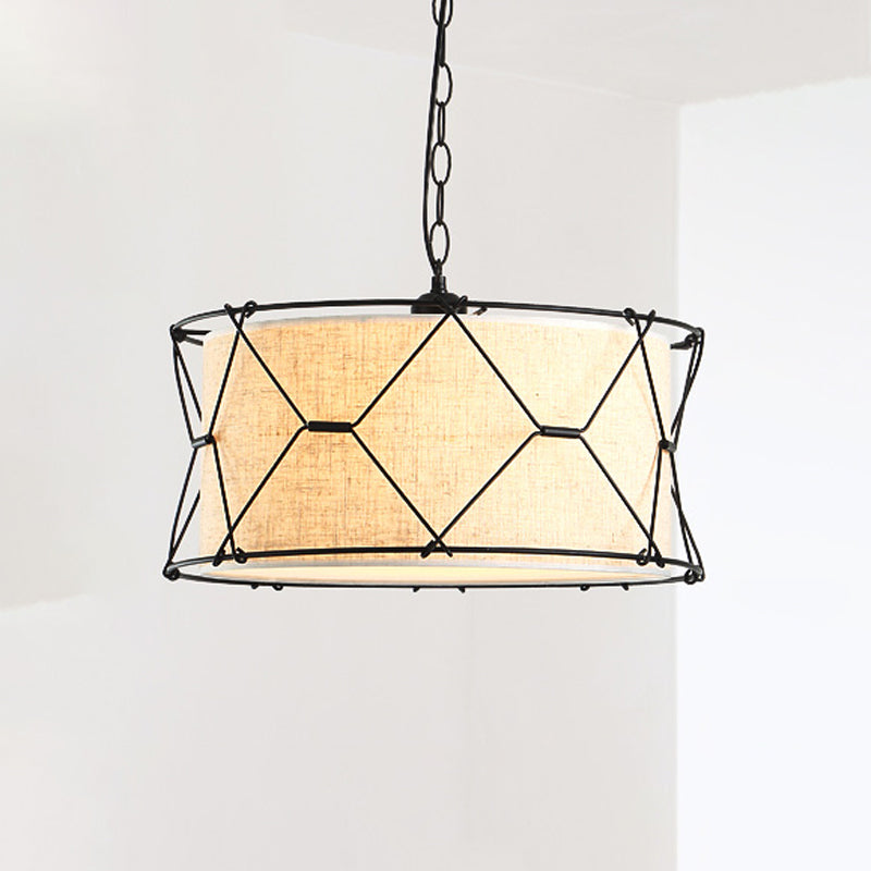 Farmhouse Drum Cage Pendant Light Fixture - Metal Crossed Design 10/16.5 Width Beige With Fabric