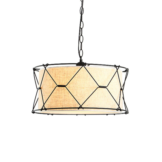 Farmhouse Drum Cage Pendant Light Fixture - Metal Crossed Design 10/16.5 Width Beige With Fabric