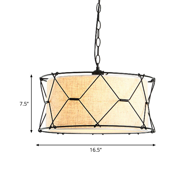 Farmhouse Drum Cage Pendant Light Fixture - Metal Crossed Design 10/16.5 Width Beige With Fabric