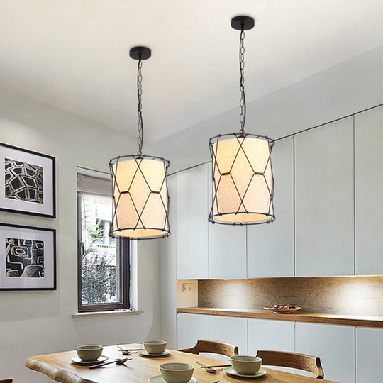 Metal Drum Cage Pendant Light with Fabric Shade for Farmhouse Dining Room - 10"/16.5" W, Beige