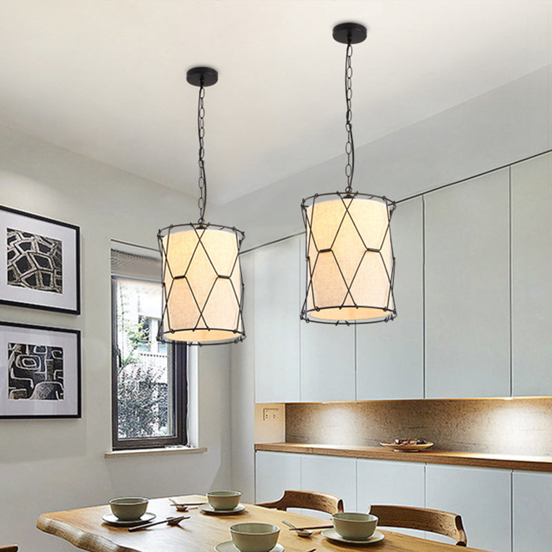 Farmhouse Drum Cage Pendant Light Fixture - Metal Crossed Design 10/16.5 Width Beige With Fabric