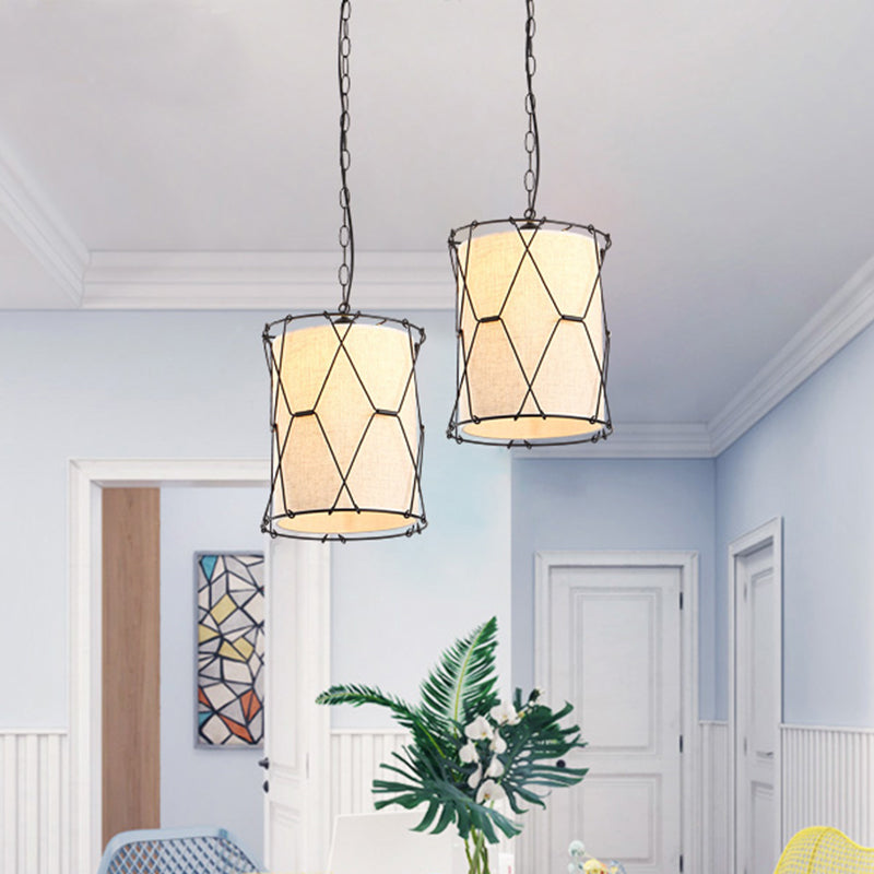 Farmhouse Drum Cage Pendant Light Fixture - Metal Crossed Design 10/16.5 Width Beige With Fabric