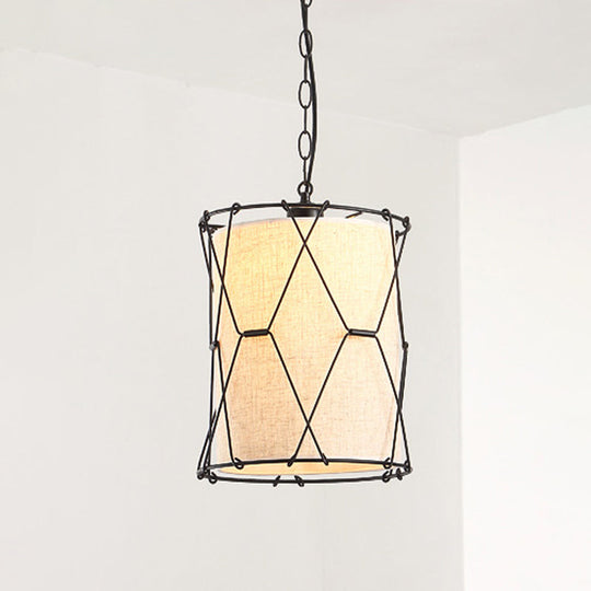 Farmhouse Drum Cage Pendant Light Fixture - Metal Crossed Design 10/16.5 Width Beige With Fabric