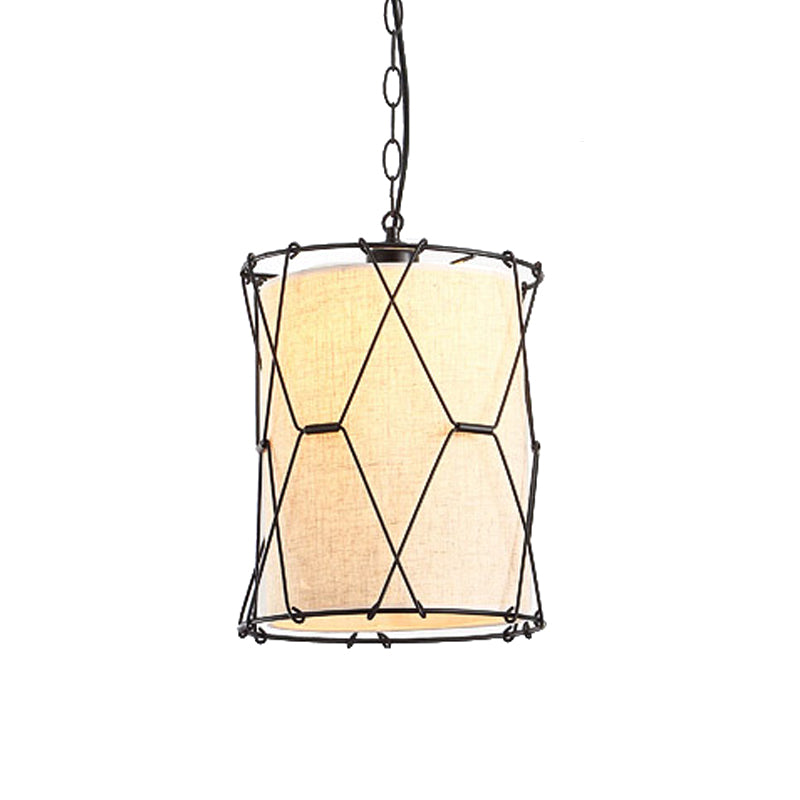 Farmhouse Drum Cage Pendant Light Fixture - Metal Crossed Design 10/16.5 Width Beige With Fabric