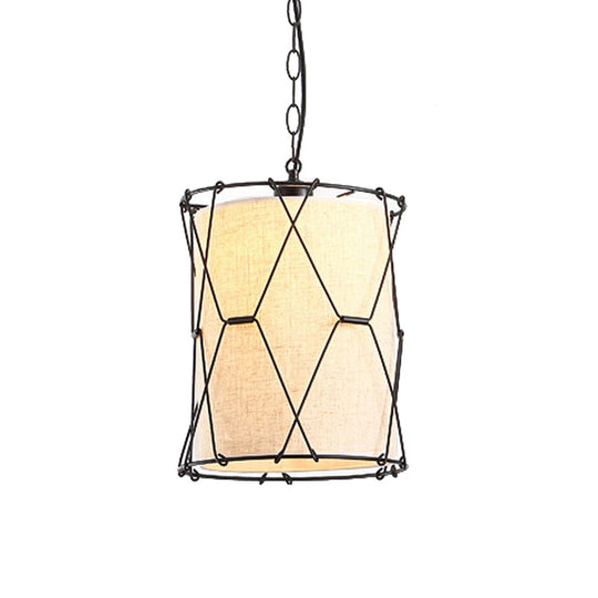 Farmhouse Drum Cage Pendant Light Fixture - Metal Crossed Design 10/16.5 Width Beige With Fabric