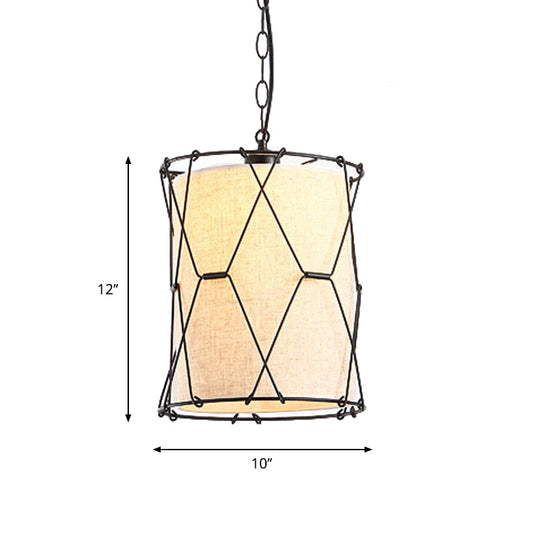 Farmhouse Drum Cage Pendant Light Fixture - Metal Crossed Design 10/16.5 Width Beige With Fabric