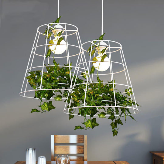 White Loft Barrel Cage Pendant Ceiling Light With Green Leaf Deco 1 Bulb Iron Suspension