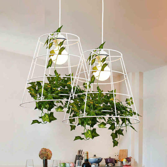 White Loft Barrel Cage Suspension Pendant with Green Leaf Deco - Iron Hanging Ceiling Light (1 Bulb)