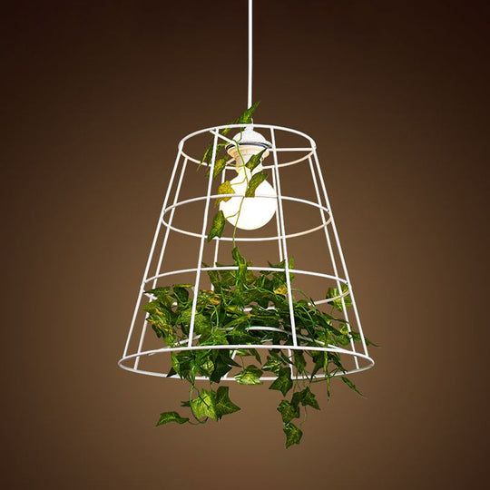 White Loft Barrel Cage Suspension Pendant with Green Leaf Deco - Iron Hanging Ceiling Light (1 Bulb)