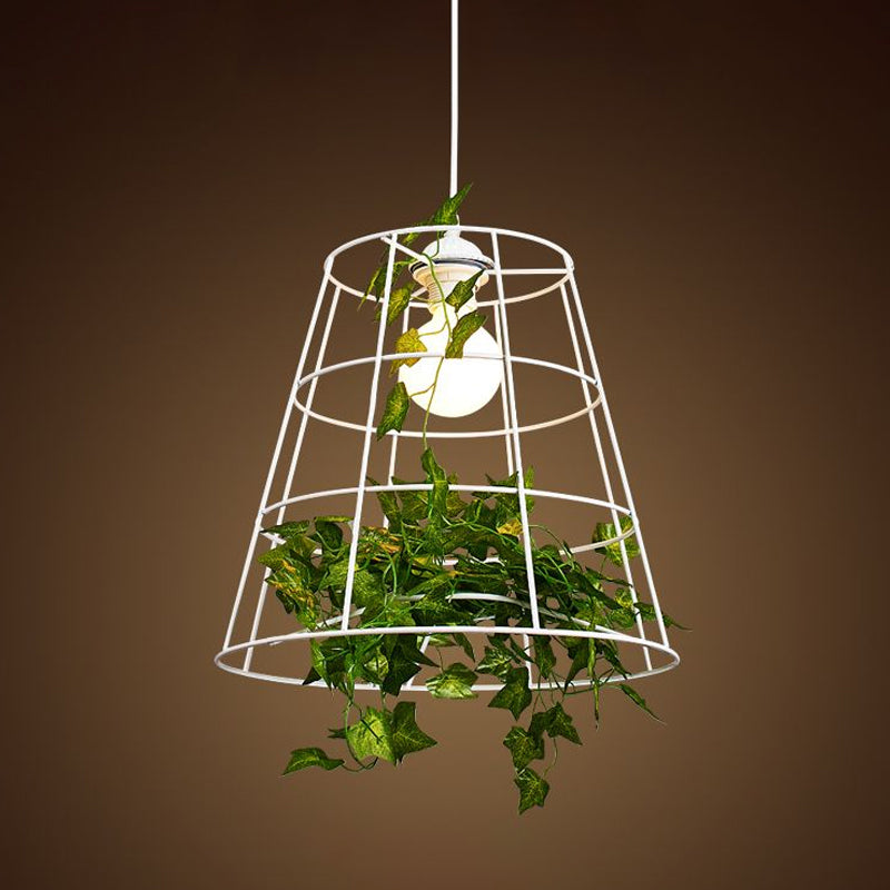 White Loft Barrel Cage Pendant Ceiling Light With Green Leaf Deco 1 Bulb Iron Suspension