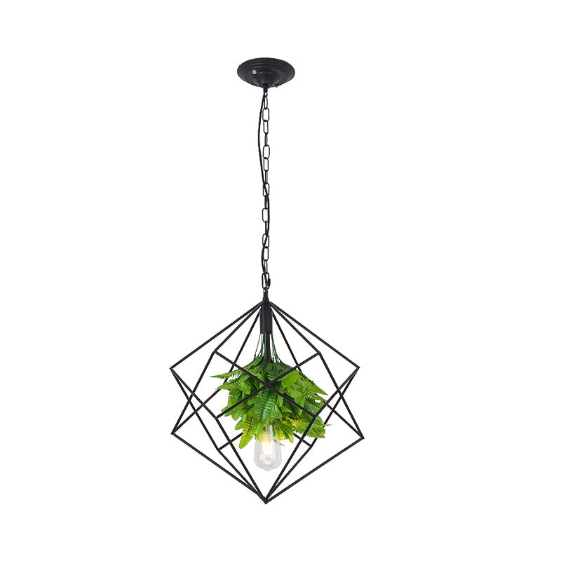 Diamond Cage Pendant Light with Black Farm Finish - Metallic Hanging Lamp Kit with Green Plant Décor