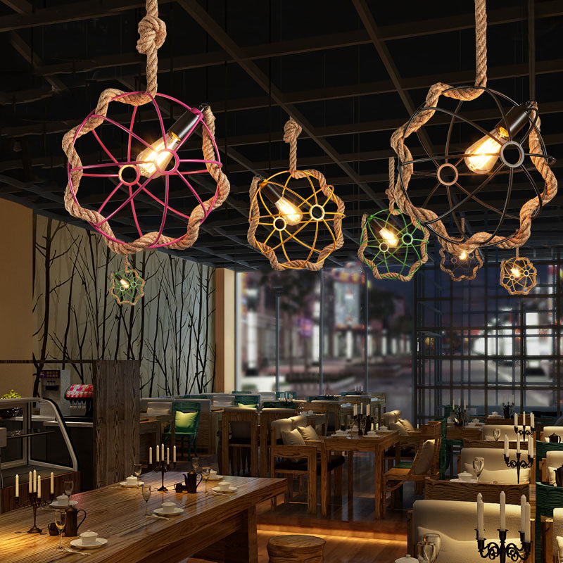 Industrial Black/Pink/Green Pendant Lamp - 1-Light Metal Globe Cage With Rope Cord For Restaurant