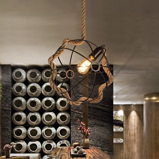 Industrial Black/Pink/Green Pendant Lamp - 1-Light Metal Globe Cage With Rope Cord For Restaurant