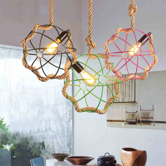 Industrial Black/Pink/Green Pendant Lamp - 1-Light Metal Globe Cage With Rope Cord For Restaurant