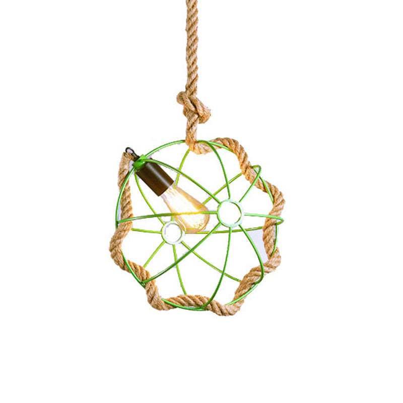 Industrial Black/Pink/Green Pendant Lamp - 1-Light Metal Globe Cage With Rope Cord For Restaurant