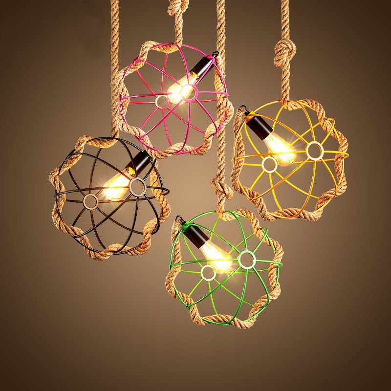 Industrial Black/Pink/Green Pendant Lamp - 1-Light Metal Globe Cage With Rope Cord For Restaurant