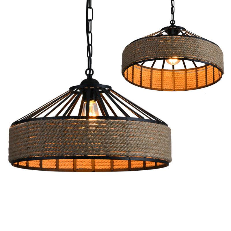 Farmhouse Black Pendant Light With Rope Cone Cage - Hanging Lamp Kit For Dining Room (12/16/19.5 W)