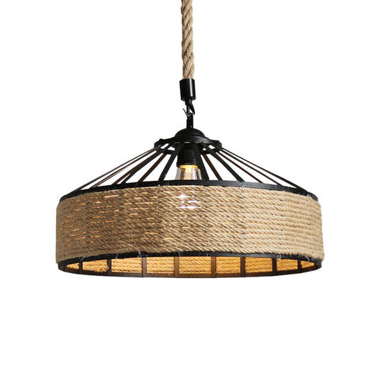 Farmhouse Black Pendant Light With Rope Cone Cage - Hanging Lamp Kit For Dining Room (12/16/19.5 W)