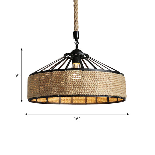 Farmhouse Black Pendant Light With Rope Cone Cage - Hanging Lamp Kit For Dining Room (12/16/19.5 W)