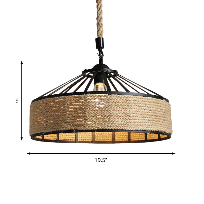 Farmhouse Black Pendant Light With Rope Cone Cage - Hanging Lamp Kit For Dining Room (12/16/19.5 W)