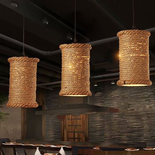 Farm Style Rustic Brown Cylinder Pendant Light with Rope Detail - Metal Hanging Lighting for Dining Room