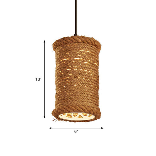 Farm Style Rustic Brown Cylinder Pendant Light with Rope Detail - Metal Hanging Lighting for Dining Room