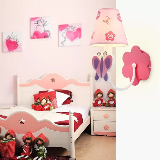 Pink Butterfly Wall Sconce: Cute 1-Light Metal Light With Fabric Shade For Girls Room