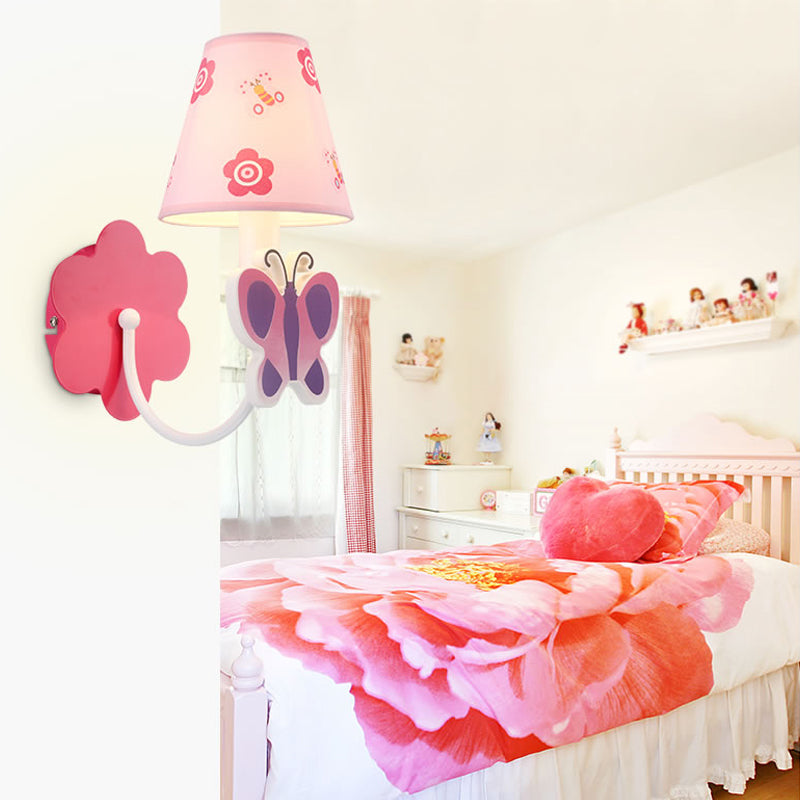 Pink Butterfly Wall Sconce: Cute 1-Light Metal Light With Fabric Shade For Girls Room