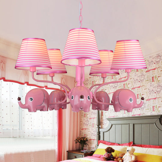 Baby Elephant 5-Head Resin Chandelier With Stripe Shade - Perfect For Kindergarten Pink