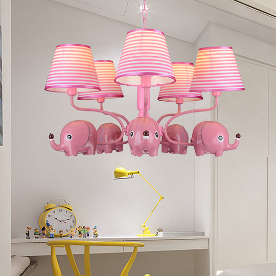 Baby Elephant 5-Head Resin Chandelier With Stripe Shade - Perfect For Kindergarten