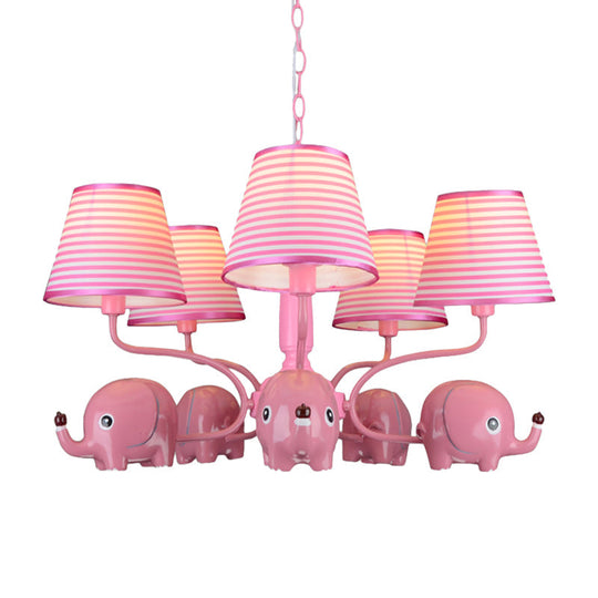 Baby Elephant 5-Head Resin Chandelier With Stripe Shade - Perfect For Kindergarten