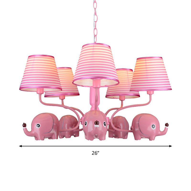 Baby Elephant 5-Head Resin Chandelier With Stripe Shade - Perfect For Kindergarten