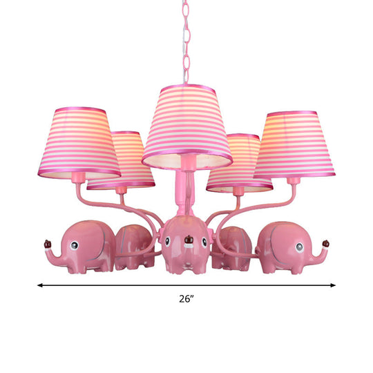 Baby Elephant 5-Head Resin Chandelier With Stripe Shade - Perfect For Kindergarten